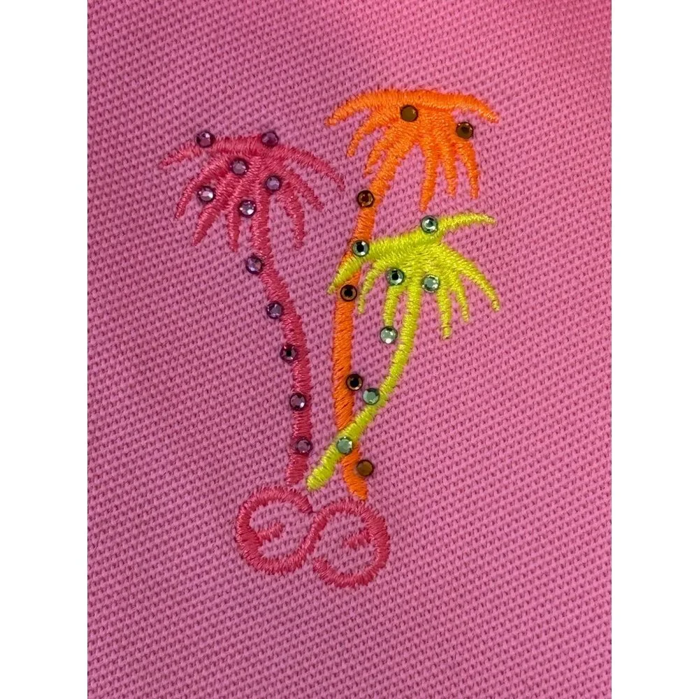 Escada Sport Pink Polo Golf Shirt W/ Palm Tree Embroidery & Rhinestones W Size M - Picture 5 of 7